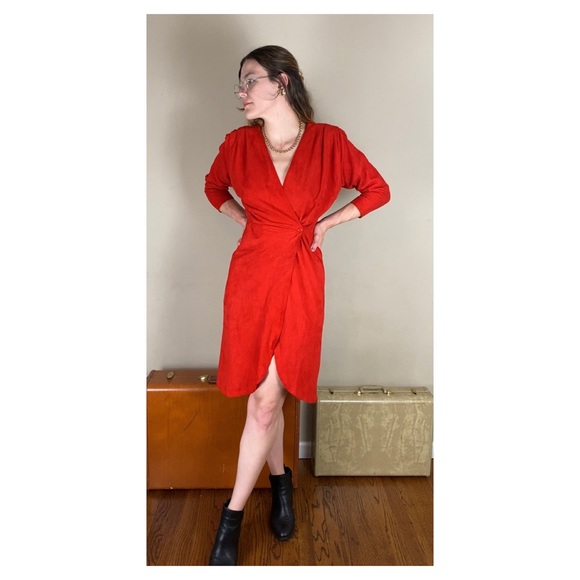 Vintage Suede Red Wrap Dress - Picture 8 of 10